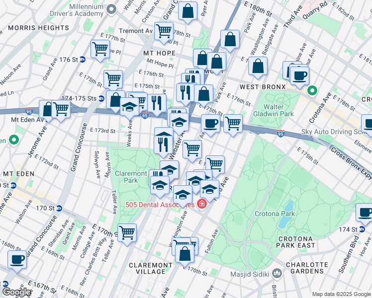 map of restaurants, bars, coffee shops, grocery stores, and more near 1628 Webster Avenue in The Bronx