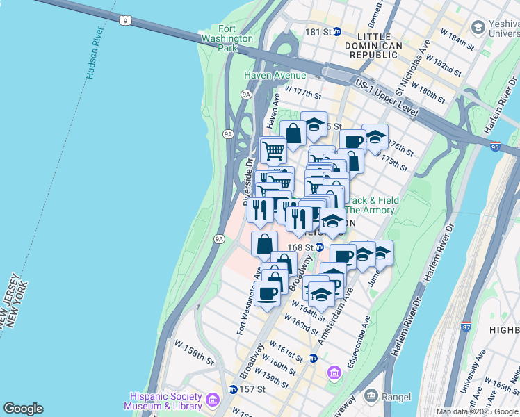 map of restaurants, bars, coffee shops, grocery stores, and more near 701 West 168th Street in New York