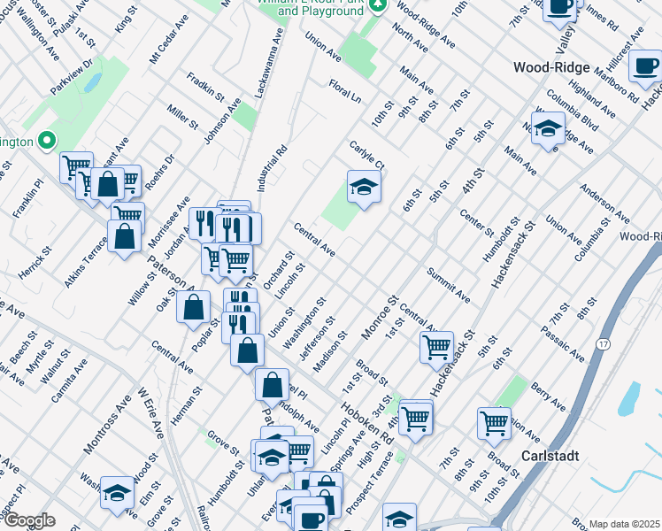 map of restaurants, bars, coffee shops, grocery stores, and more near 435 Union Street in Carlstadt