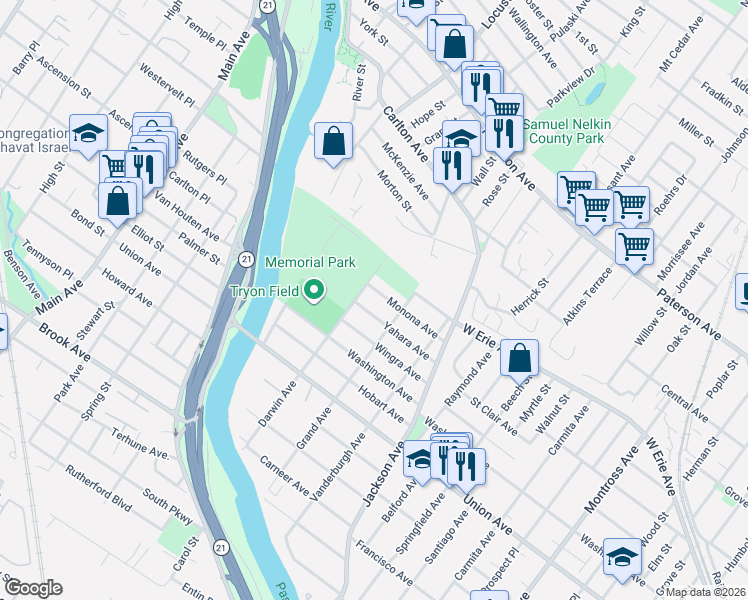 map of restaurants, bars, coffee shops, grocery stores, and more near 61 Yahara Avenue in Rutherford