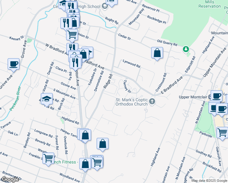 map of restaurants, bars, coffee shops, grocery stores, and more near 2 Lafayette Drive in Cedar Grove