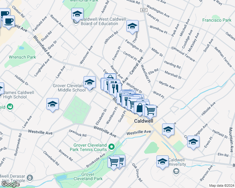 map of restaurants, bars, coffee shops, grocery stores, and more near 433 Bloomfield Avenue in Caldwell