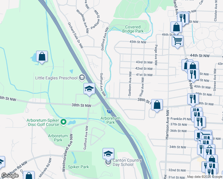 map of restaurants, bars, coffee shops, grocery stores, and more near 3817 Kingman Avenue Northwest in Canton