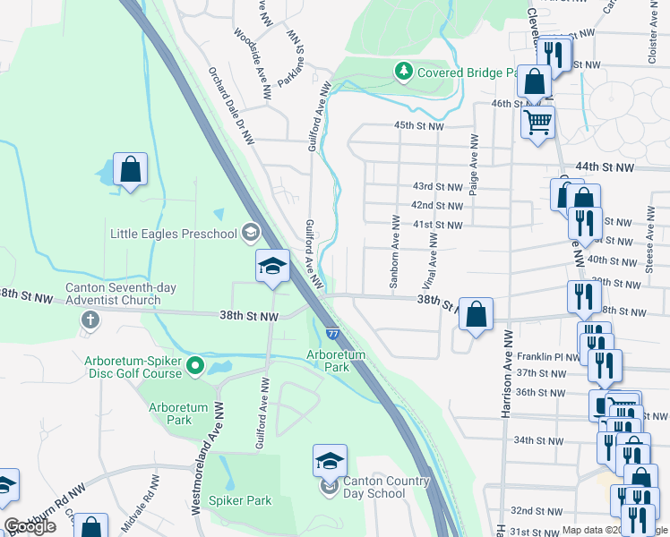map of restaurants, bars, coffee shops, grocery stores, and more near 3900-3998 Guilford Ave NW in Canton