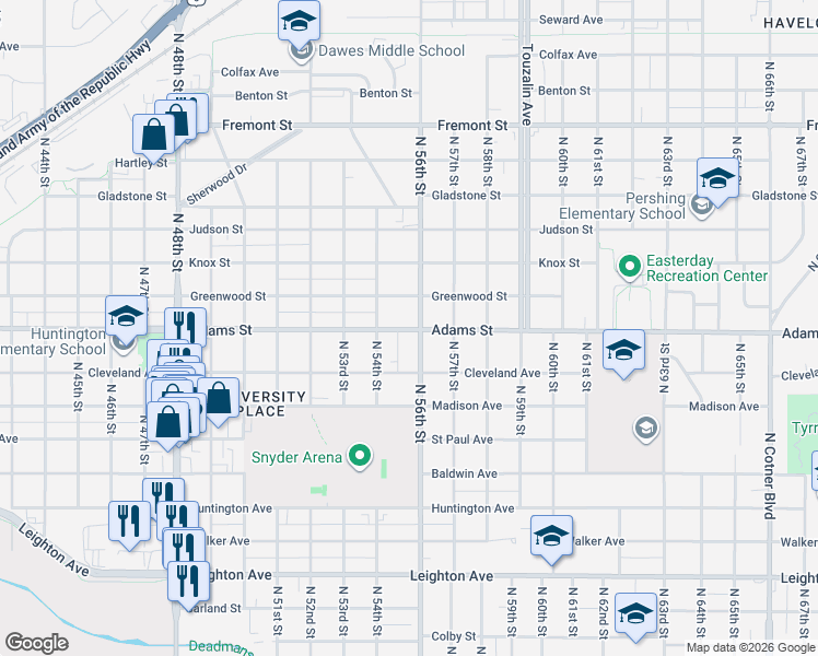 map of restaurants, bars, coffee shops, grocery stores, and more near 2920 North 54th Street in Lincoln