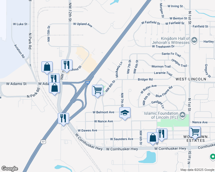 map of restaurants, bars, coffee shops, grocery stores, and more near 2941 Northwest 8th Street in Lincoln