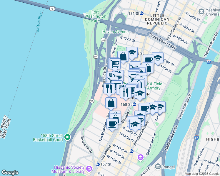 map of restaurants, bars, coffee shops, grocery stores, and more near 722 West 168th Street in New York