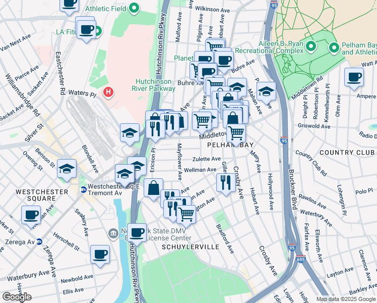 map of restaurants, bars, coffee shops, grocery stores, and more near 2868 Roebling Avenue in Bronx