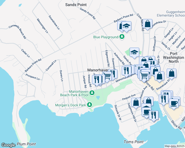 map of restaurants, bars, coffee shops, grocery stores, and more near 16 Inwood Road in Port Washington