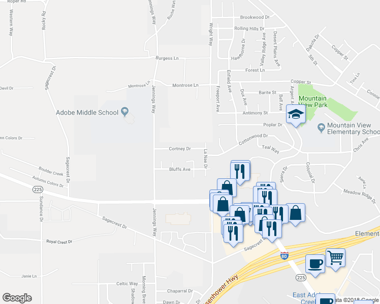 map of restaurants, bars, coffee shops, grocery stores, and more near 617 Cortney Drive in Elko
