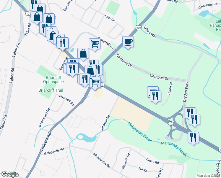 map of restaurants, bars, coffee shops, grocery stores, and more near Highway 10 in Morris