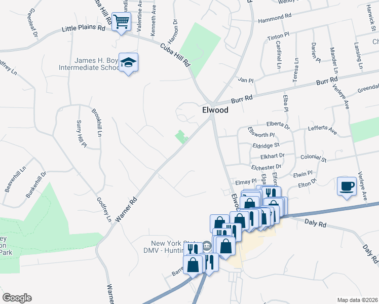 map of restaurants, bars, coffee shops, grocery stores, and more near 42 Warner Road in Huntington