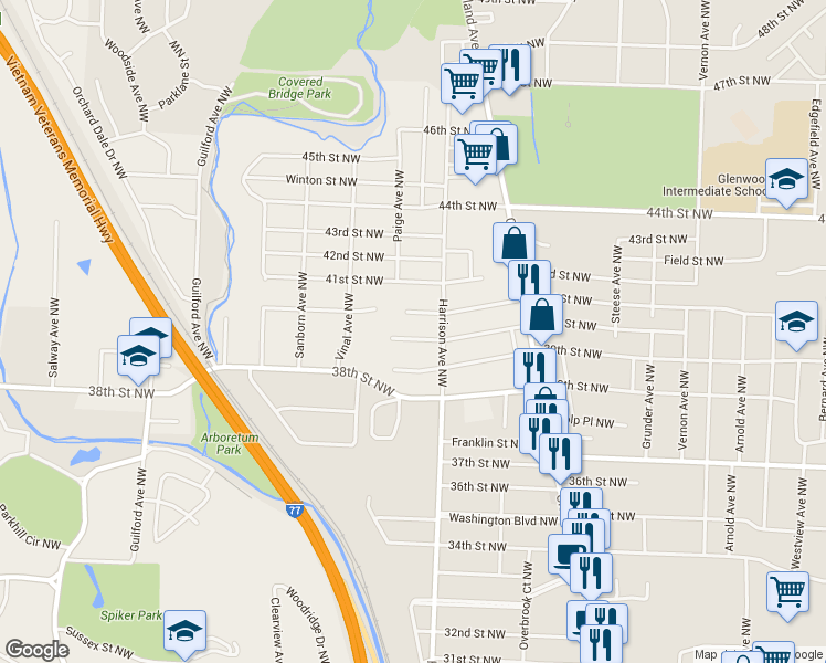 map of restaurants, bars, coffee shops, grocery stores, and more near 2231 40th Street Northwest in Canton