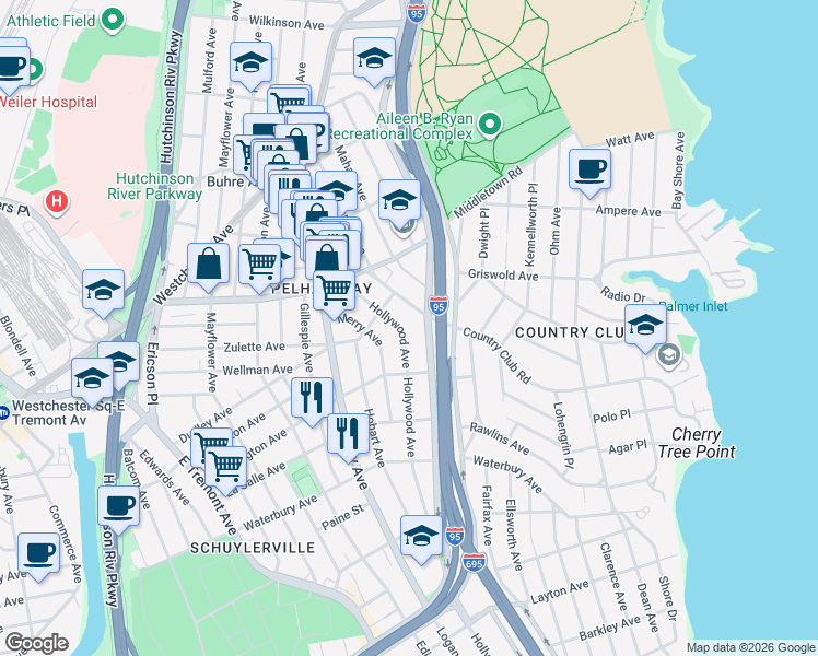 map of restaurants, bars, coffee shops, grocery stores, and more near 1424 Hollywood Avenue in Bronx