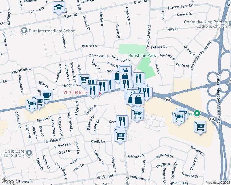 map of restaurants, bars, coffee shops, grocery stores, and more near 20 Rachel Avenue in Commack