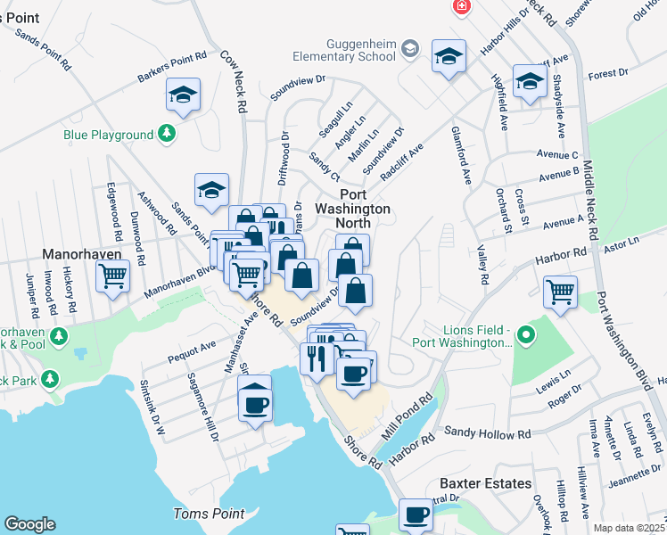 map of restaurants, bars, coffee shops, grocery stores, and more near 10 Wildwood Gardens in Port Washington