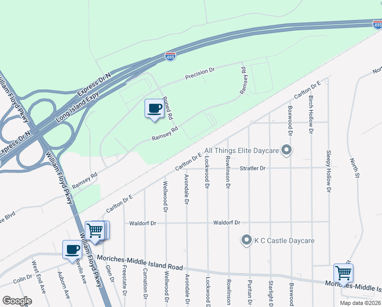 map of restaurants, bars, coffee shops, grocery stores, and more near 157 Carlton Drive East in Shirley