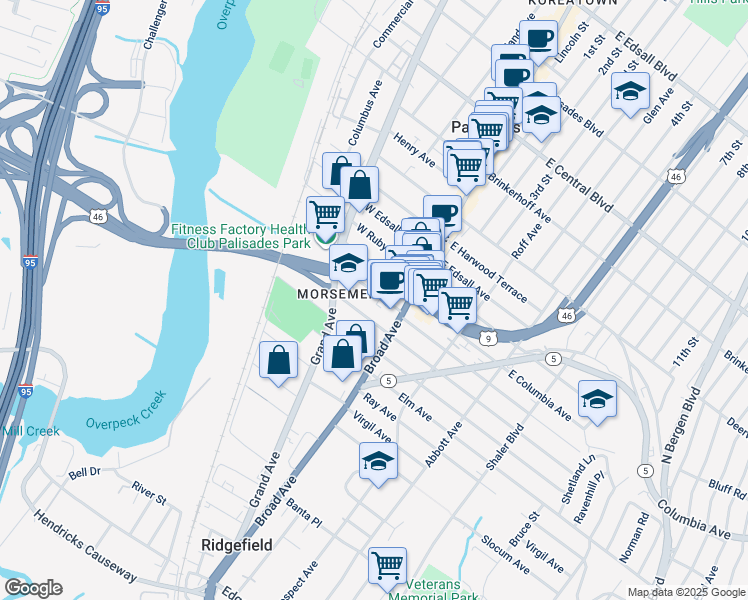 map of restaurants, bars, coffee shops, grocery stores, and more near 30 West Harriet Avenue in Palisades Park