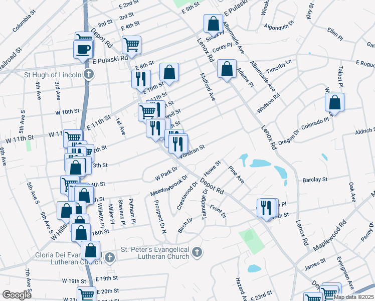 map of restaurants, bars, coffee shops, grocery stores, and more near 67 East Park Drive in Huntington Station