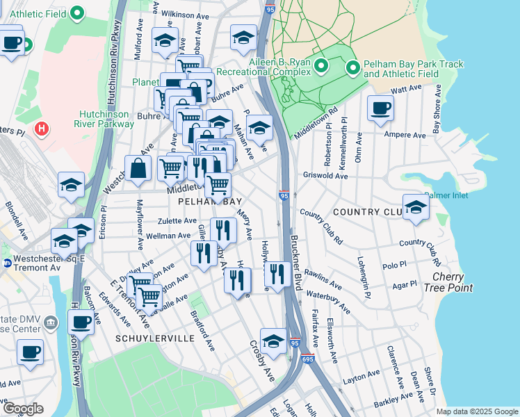 map of restaurants, bars, coffee shops, grocery stores, and more near 1424 Hollywood Avenue in Bronx