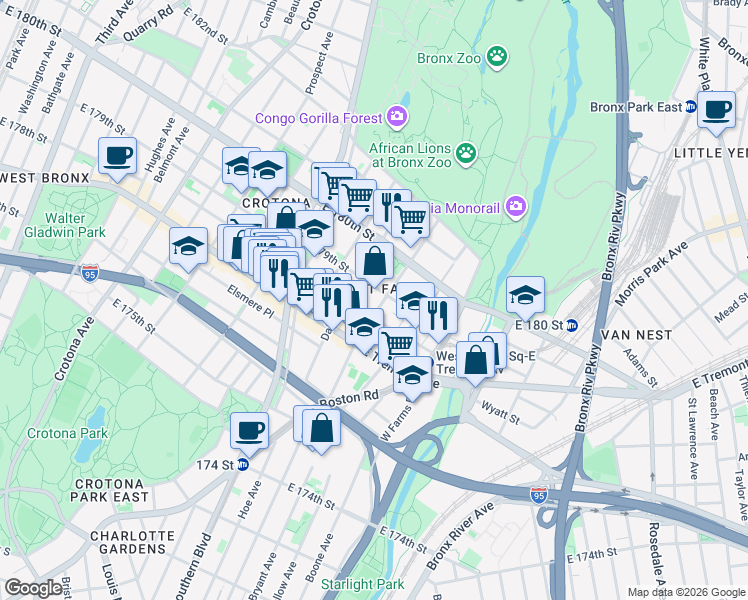 map of restaurants, bars, coffee shops, grocery stores, and more near 948 East 178th Street in Bronx
