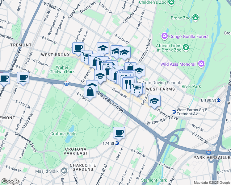 map of restaurants, bars, coffee shops, grocery stores, and more near 806 Fairmount Place in The Bronx