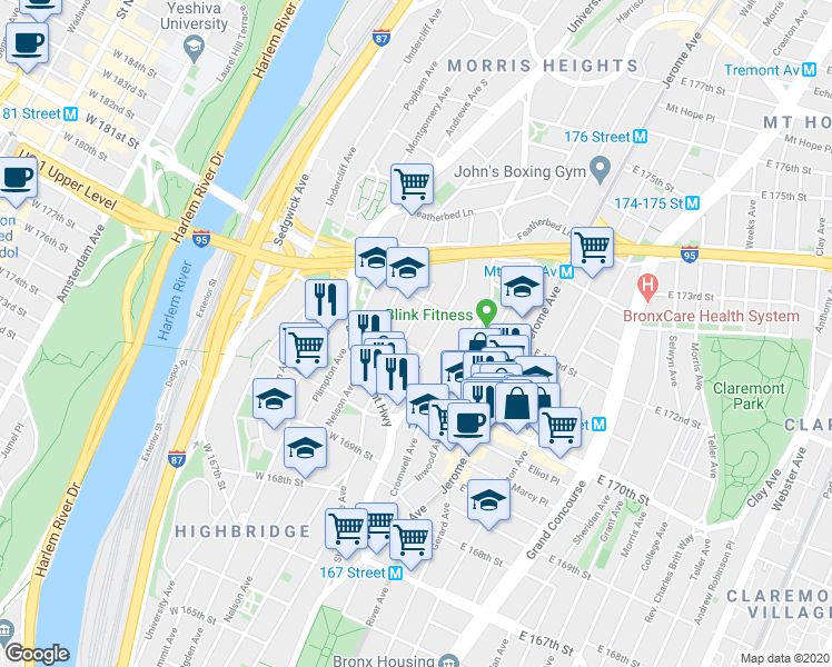 map of restaurants, bars, coffee shops, grocery stores, and more near 1440 Jesup Avenue in Bronx