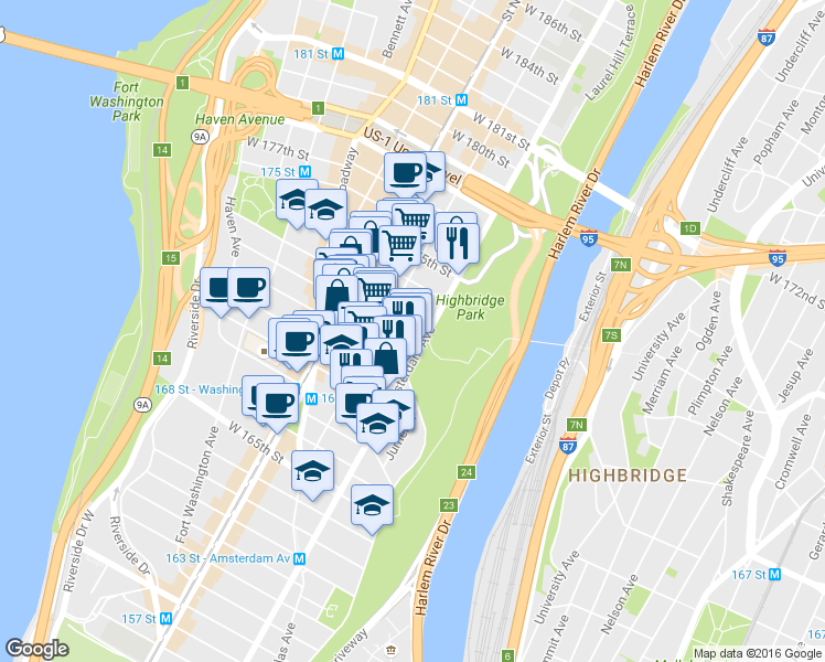map of restaurants, bars, coffee shops, grocery stores, and more near in New York