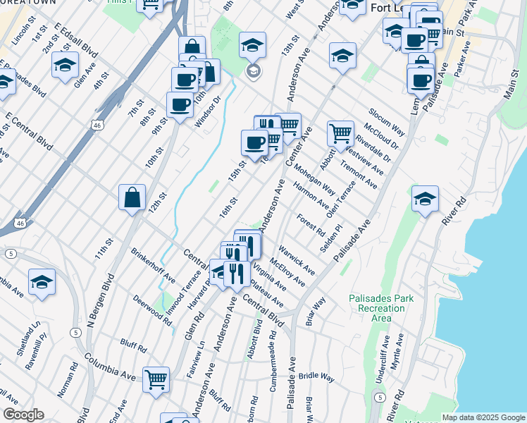 map of restaurants, bars, coffee shops, grocery stores, and more near in Fort Lee