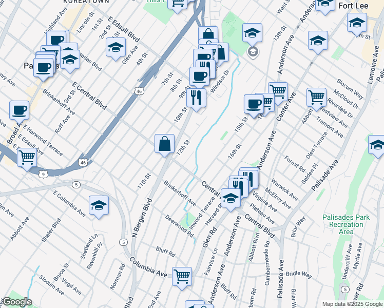 map of restaurants, bars, coffee shops, grocery stores, and more near 437 East Central Boulevard in Palisades Park