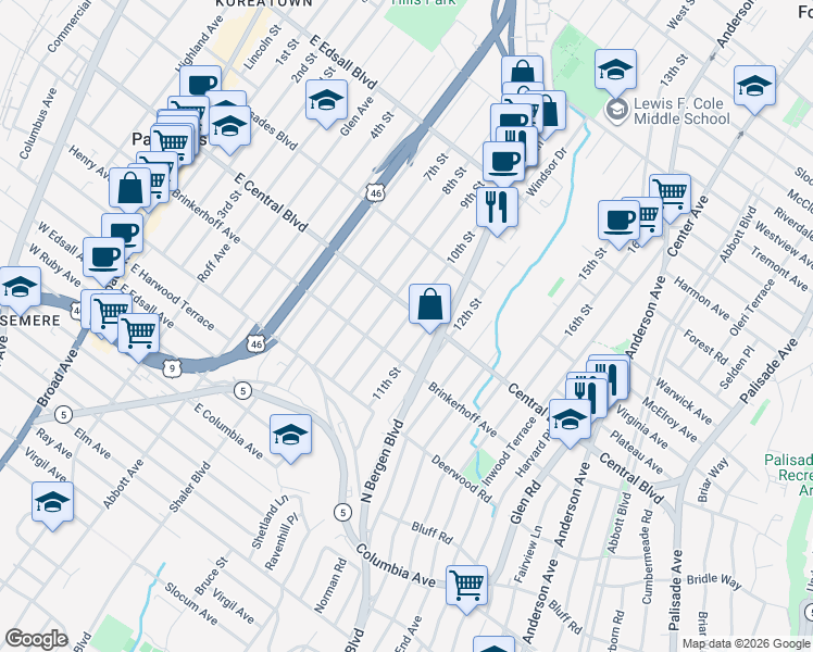map of restaurants, bars, coffee shops, grocery stores, and more near 257 11th Street in Palisades Park