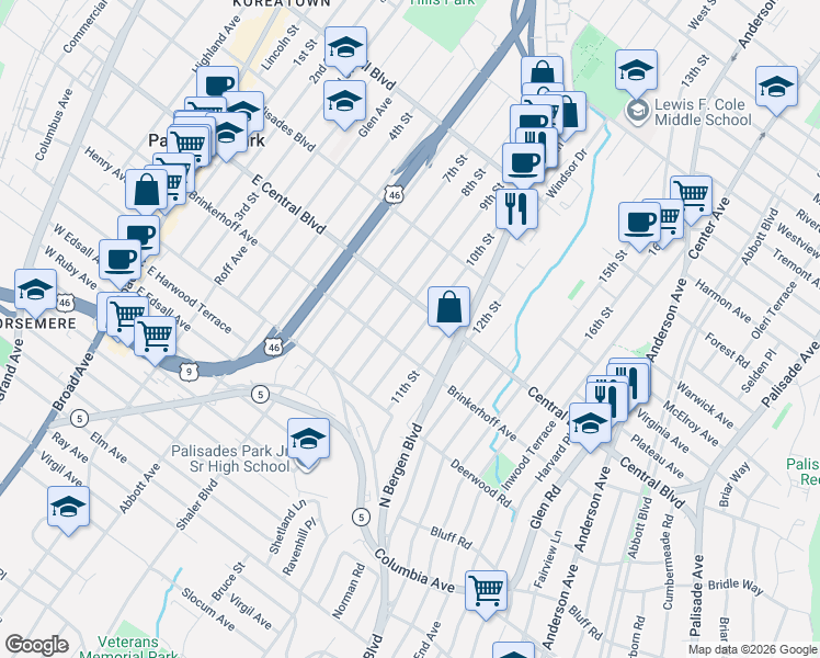 map of restaurants, bars, coffee shops, grocery stores, and more near 257 11th Street in Palisades Park