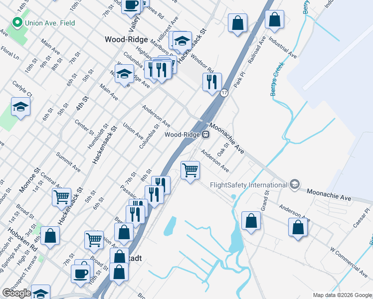 map of restaurants, bars, coffee shops, grocery stores, and more near Park Place in Wood-Ridge