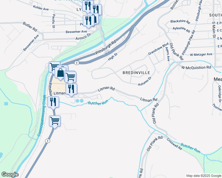 map of restaurants, bars, coffee shops, grocery stores, and more near 208 Litman Road in Butler