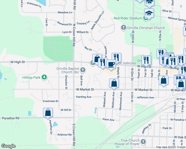 map of restaurants, bars, coffee shops, grocery stores, and more near 163 Chateau Circle in Orrville