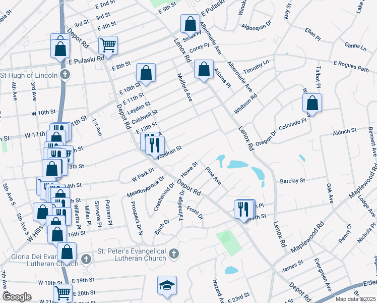 map of restaurants, bars, coffee shops, grocery stores, and more near 72 East Park Drive in Huntington Station