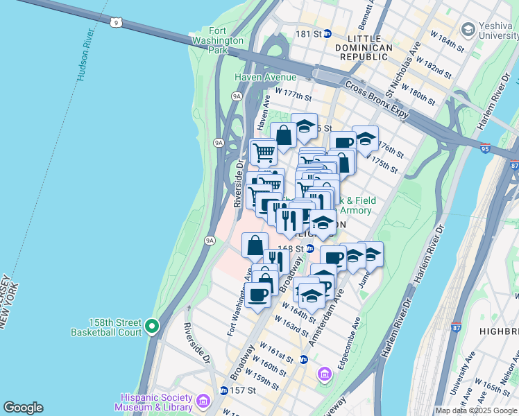 map of restaurants, bars, coffee shops, grocery stores, and more near 701 West 168th Street in New York