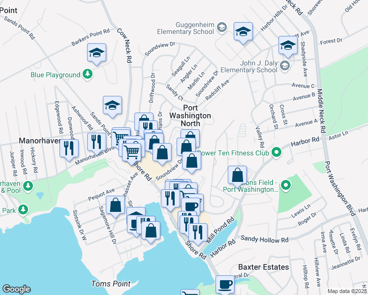 map of restaurants, bars, coffee shops, grocery stores, and more near 32 Wildwood Gardens in Port Washington