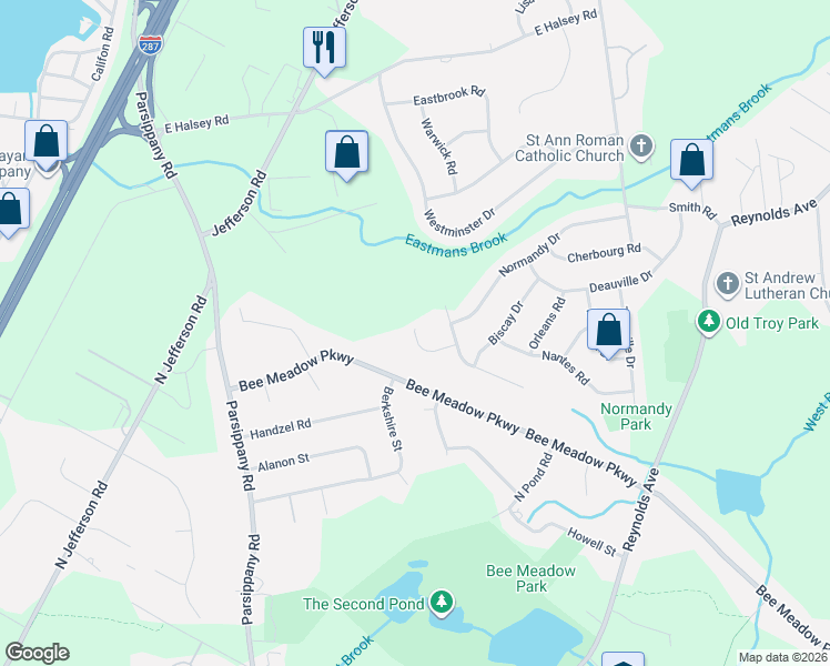 map of restaurants, bars, coffee shops, grocery stores, and more near 159 Bee Meadow Parkway in Morris County