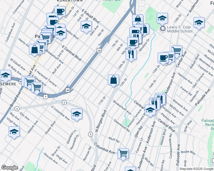 map of restaurants, bars, coffee shops, grocery stores, and more near 257 11th Street in Palisades Park