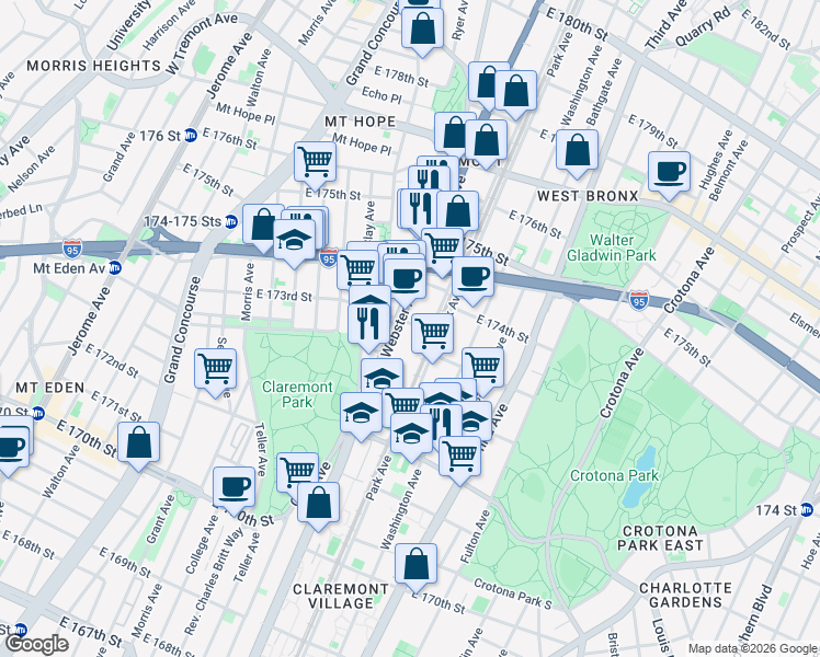 map of restaurants, bars, coffee shops, grocery stores, and more near 410 East 173rd Street in The Bronx