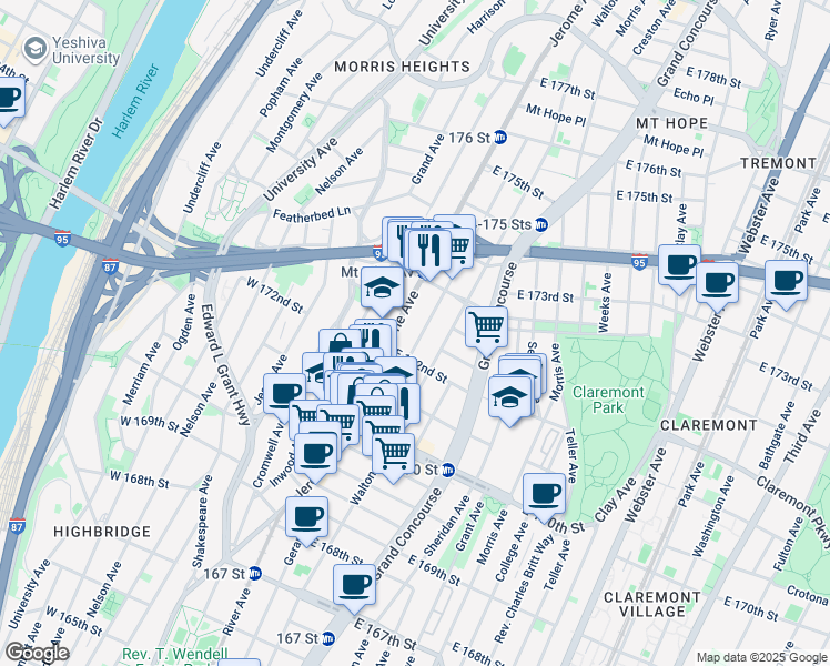 map of restaurants, bars, coffee shops, grocery stores, and more near 1533 Townsend Avenue in The Bronx