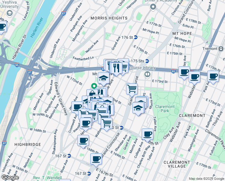 map of restaurants, bars, coffee shops, grocery stores, and more near 1533 Townsend Avenue in The Bronx