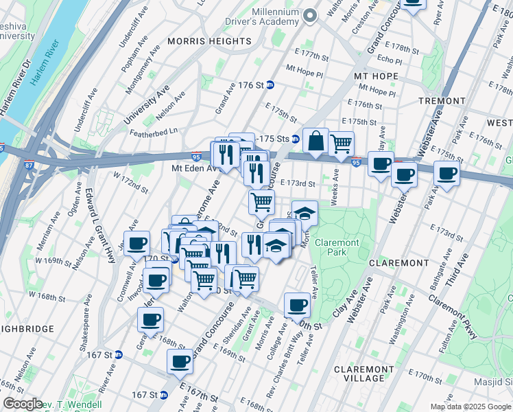 map of restaurants, bars, coffee shops, grocery stores, and more near 1555 Grand Concourse in The Bronx