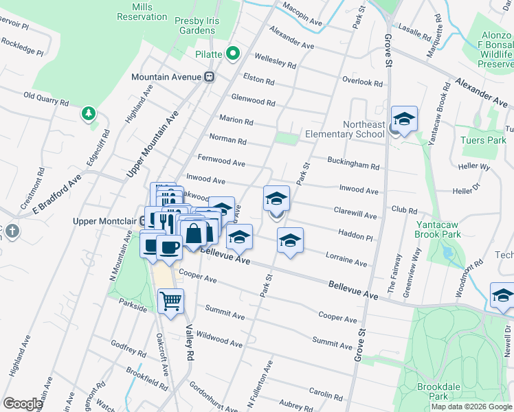 map of restaurants, bars, coffee shops, grocery stores, and more near 7 Duryea Road in Montclair