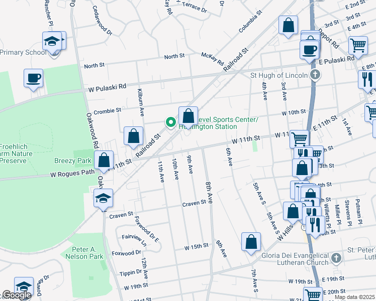 map of restaurants, bars, coffee shops, grocery stores, and more near West 11th Street & 9th Avenue in Huntington Station