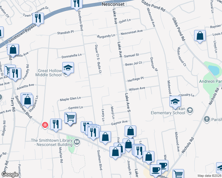 map of restaurants, bars, coffee shops, grocery stores, and more near 11 Hearthstone Lane in Nesconset