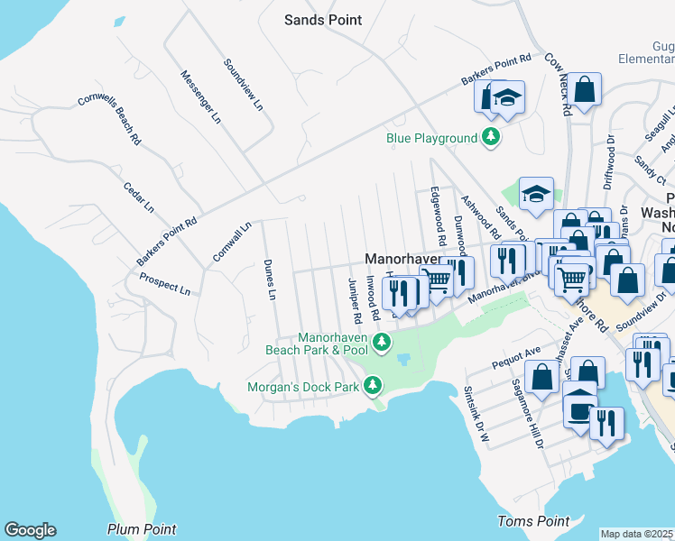 map of restaurants, bars, coffee shops, grocery stores, and more near 38 Kirkwood Road in Port Washington
