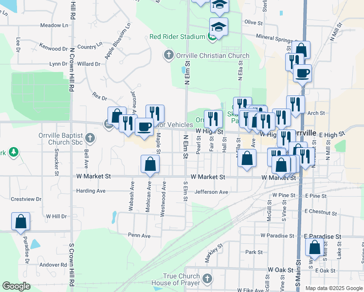 map of restaurants, bars, coffee shops, grocery stores, and more near 336 North Elm Street in Orrville