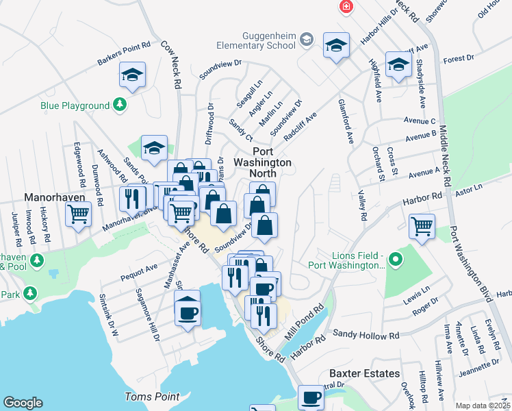 map of restaurants, bars, coffee shops, grocery stores, and more near 12 Wildwood Gardens in Port Washington North